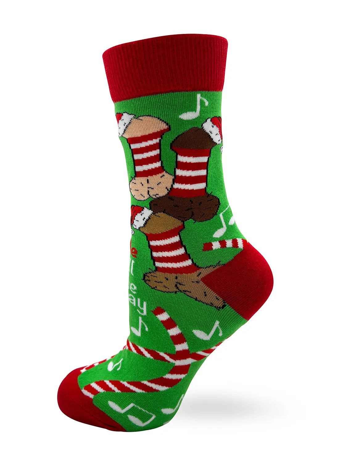 Green women's novelty Christmas sock with red cuff, heel, toe, and playful festive design featuring cheeky holiday icons and musical notes, size 5-10, cotton blend.