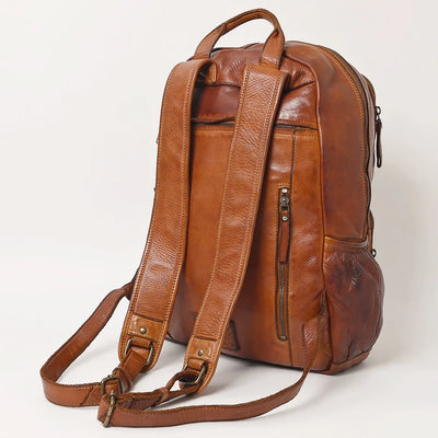 Premium full grain leather Spaghetti Western Backpack with adjustable straps and antique finish metal fittings.