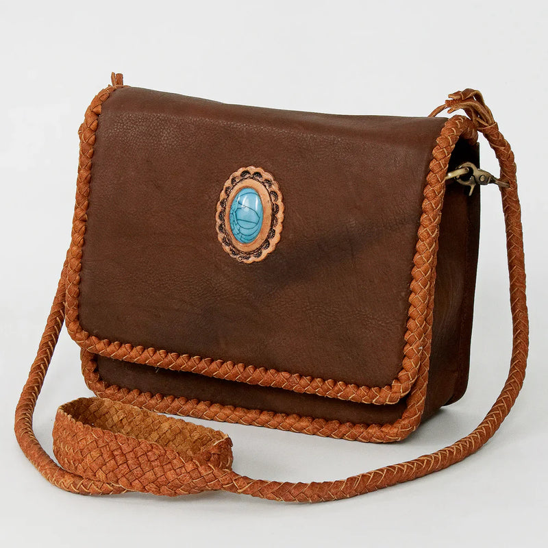 American Darling Small Crossbody Messenger Bag with turquoise stone and leather braiding.