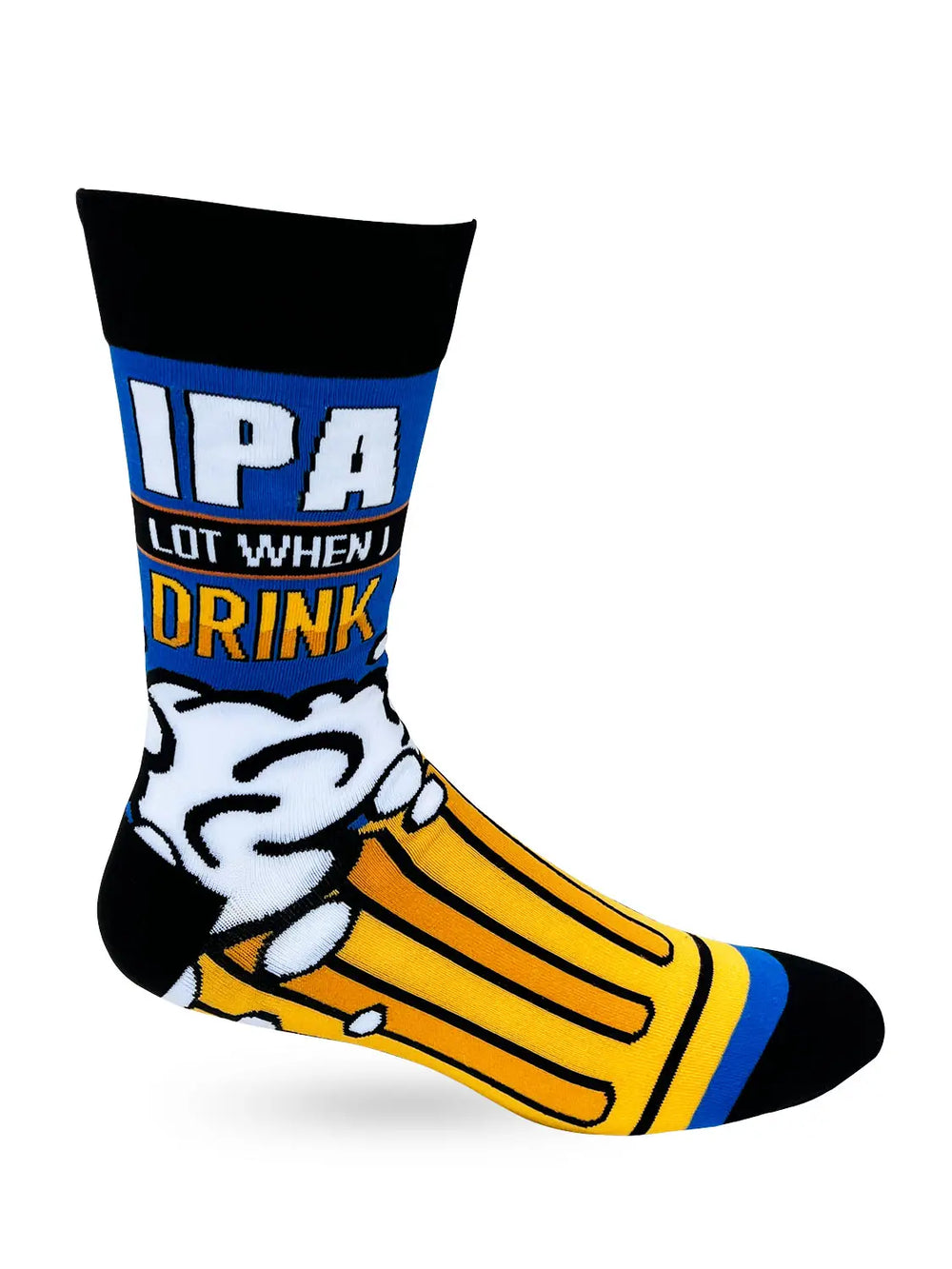 Men's novelty crew sock with "IPA Lot When I Drink" text and beer glass design in blue, black, and yellow colors.