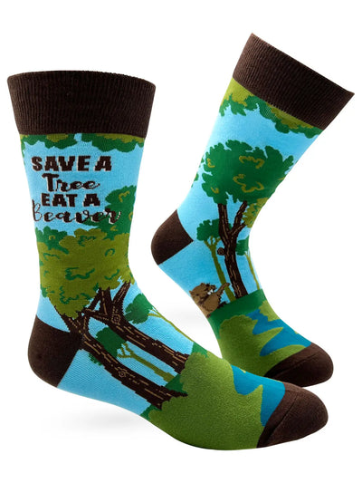 Save A Tree Men's novelty crew socks with playful tree and bear design, eco-friendly and comfortable fit for men's shoe size 7-12