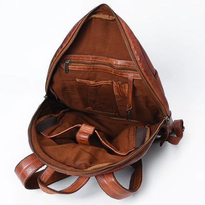 Spaghetti Western Backpack SWC416CG, premium full-grain leather, adjustable strap, antique metal fittings, YKK zipper, open view.