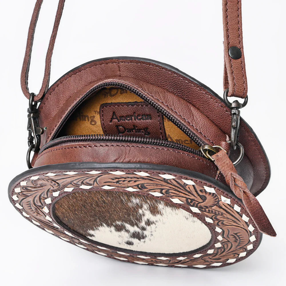 American Darling Canteen Bag ADBGZ389A brown leather round crossbody with intricate floral carving and cowhide center