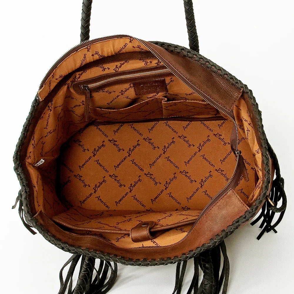 American Darling Tote Bag ADBGD132A with full grain leather and fringe detail, featuring adjustable strap and durable YKK zipper.