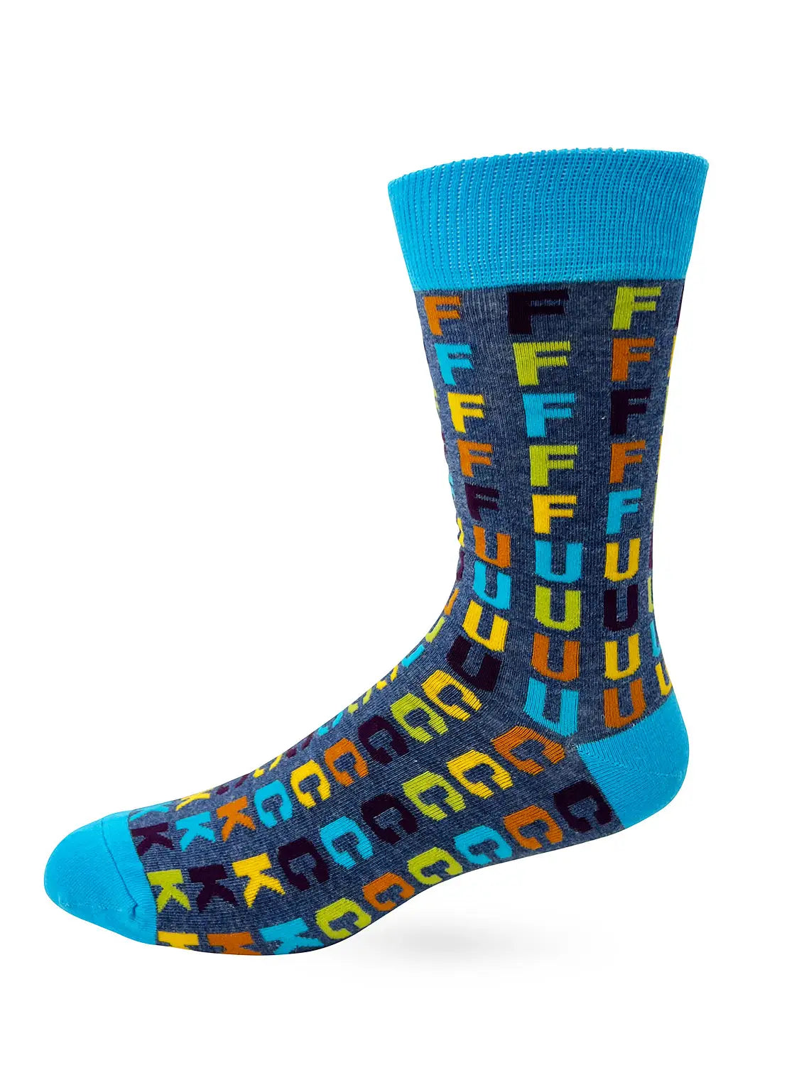 Colorful men's novelty crew sock with repeated "F" letters design and bright blue cuff, heel, and toe, fitting men's shoe size 7-12.