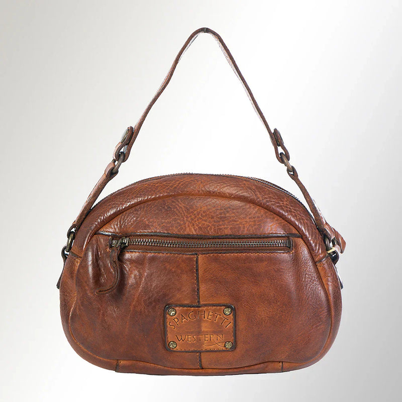 Spaghetti Western Crossbody Messenger Bag SWC167CG made of premium full-grain leather with adjustable strap and antique metal fittings.