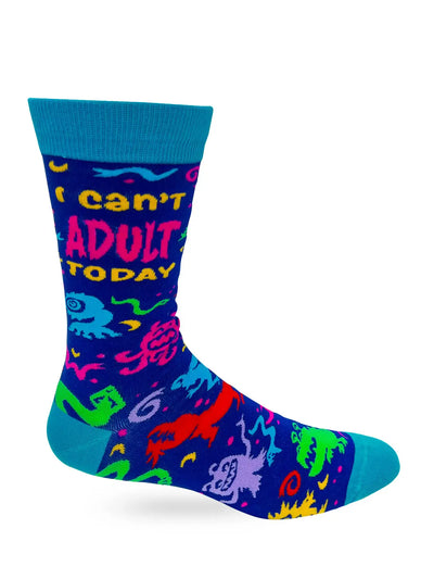 Men's novelty crew sock in blue with colorful abstract designs and "I Can’t Adult Today" phrase for casual wear.