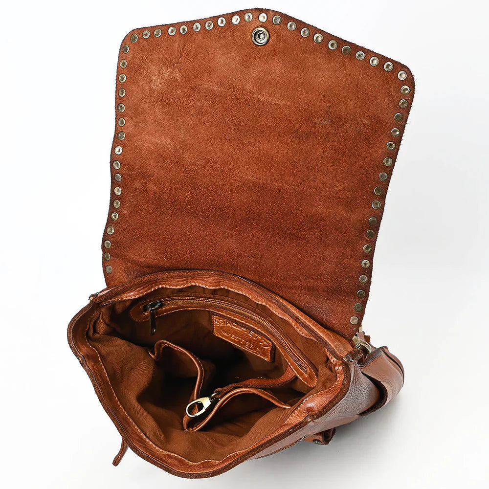 Spaghetti Western Tote Handbag SWC139CG, handcrafted leather backpack tote with open flap, made from Brazilian, Argentine, and Italian leathers.