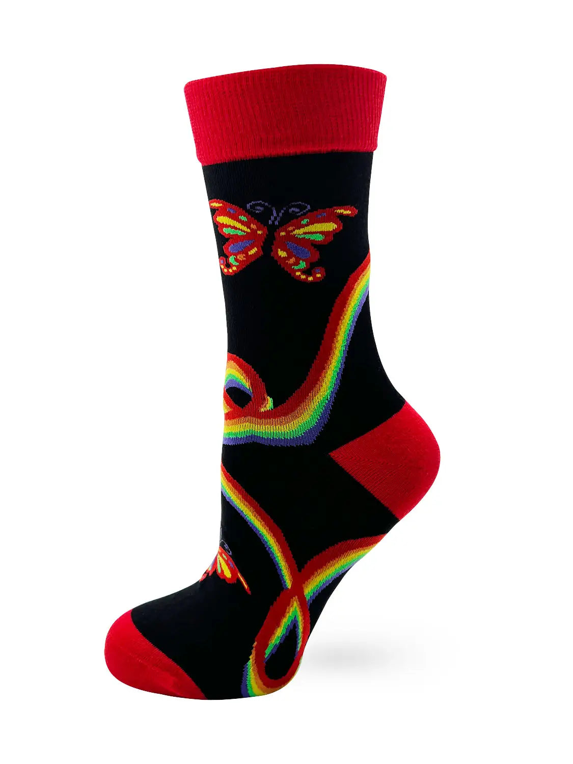 Black women's crew sock with red cuff, heel, and toe, featuring a colorful butterfly and rainbow design, labeled "Anti Social Butterfly" style.