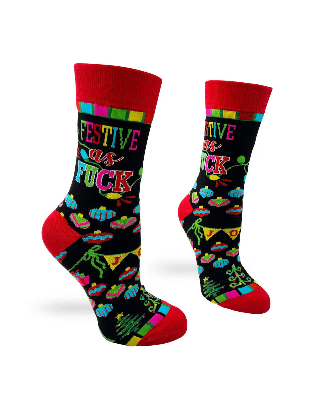 Bold and colorful women's festive novelty socks with "Festive As F***" text and holiday-themed designs in red, green, and black tones.