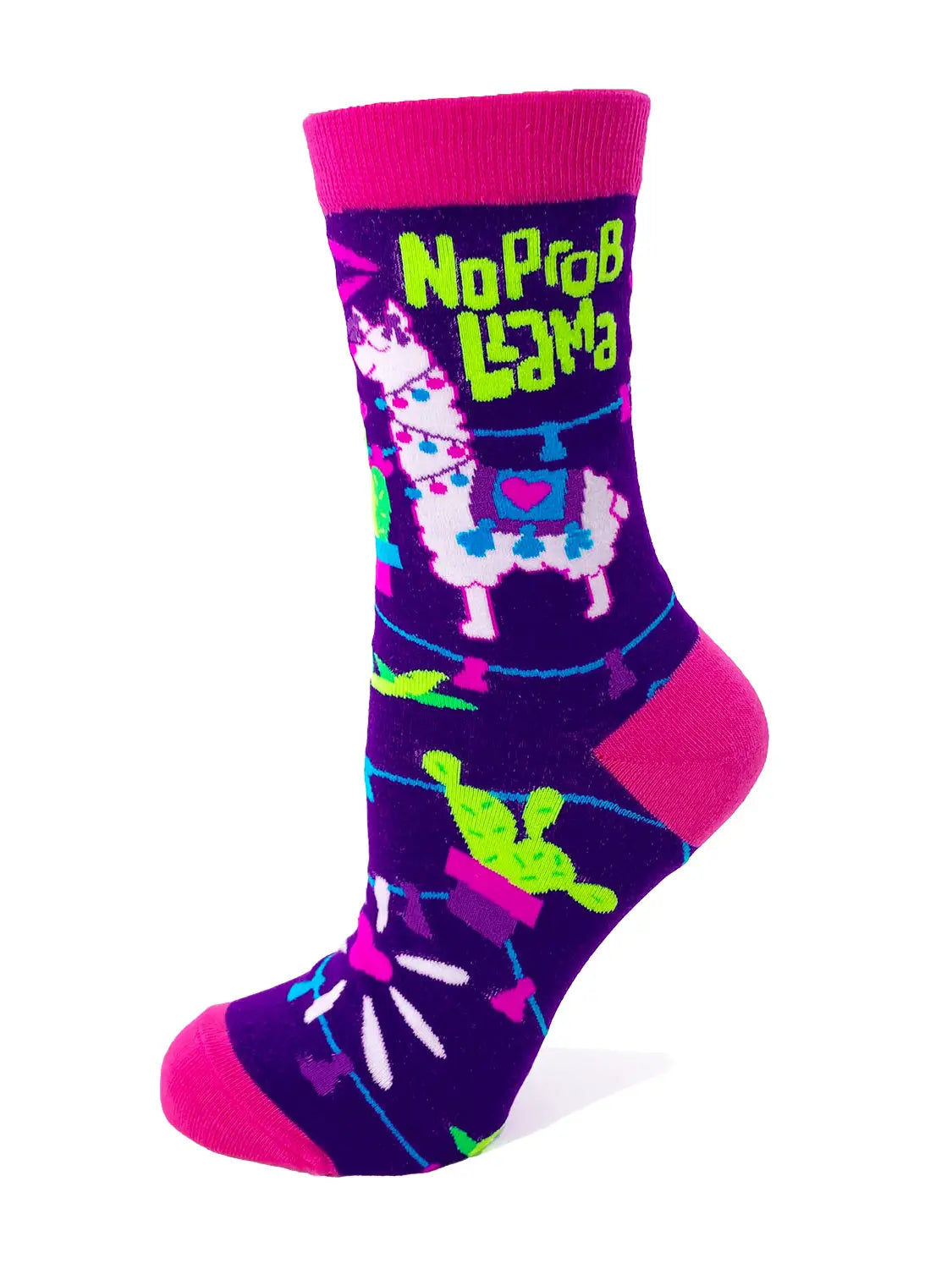 No Prob Llama women's crew socks with colorful llama and pun design, soft breathable cotton blend