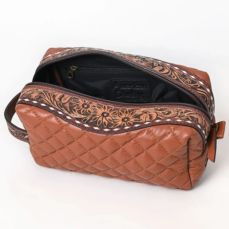 American Darling Toiletry Bag handmade genuine cowhide leather with floral embroidery and quilted design brown toiletry pouch with zipper.