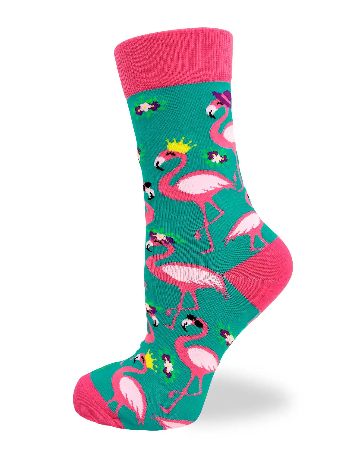 Women's crew socks with pink flamingos and "I Don’t Give a Flock" message in teal and pink colors