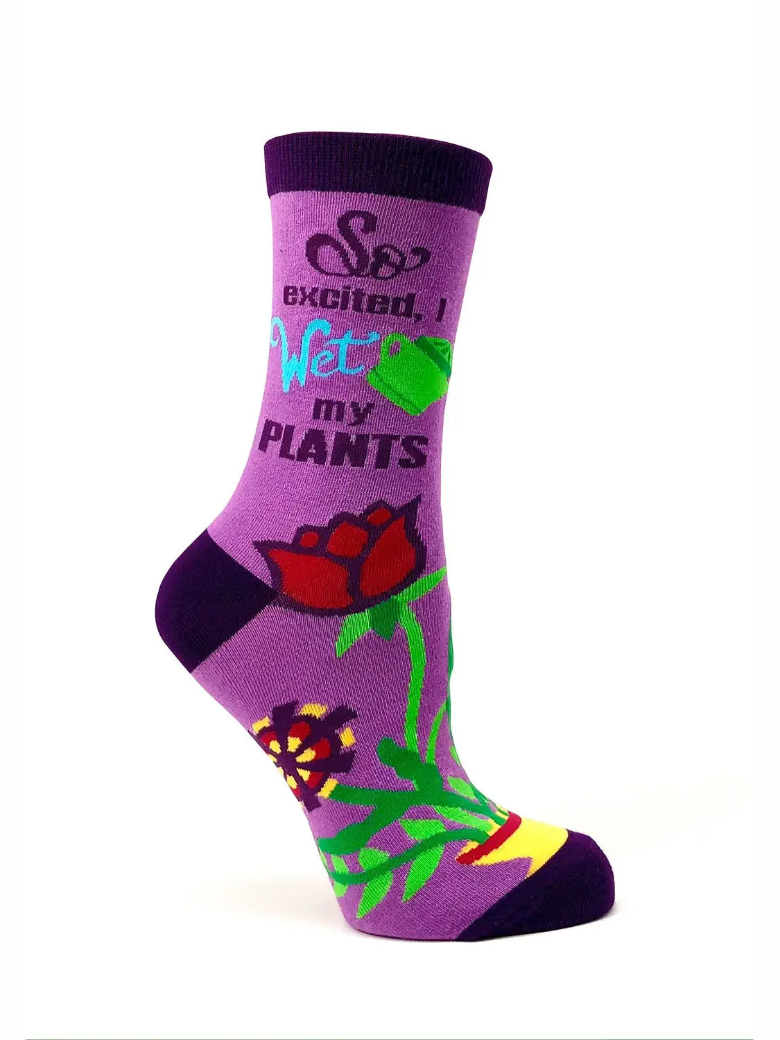 Purple women's crew sock with "So Excited, I Wet My Plants" phrase and colorful plant designs