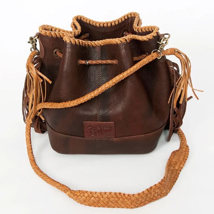 American Darling Bucket Bag ADBGD140 in genuine full-grain leather with fringes and adjustable strap.