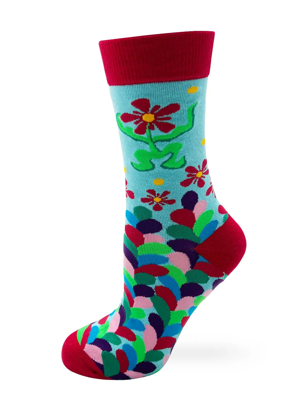 Colorful women's crew sock with red toe, heel, and cuff featuring flower and leaf patterns, motivational "Make Today Your B****" theme