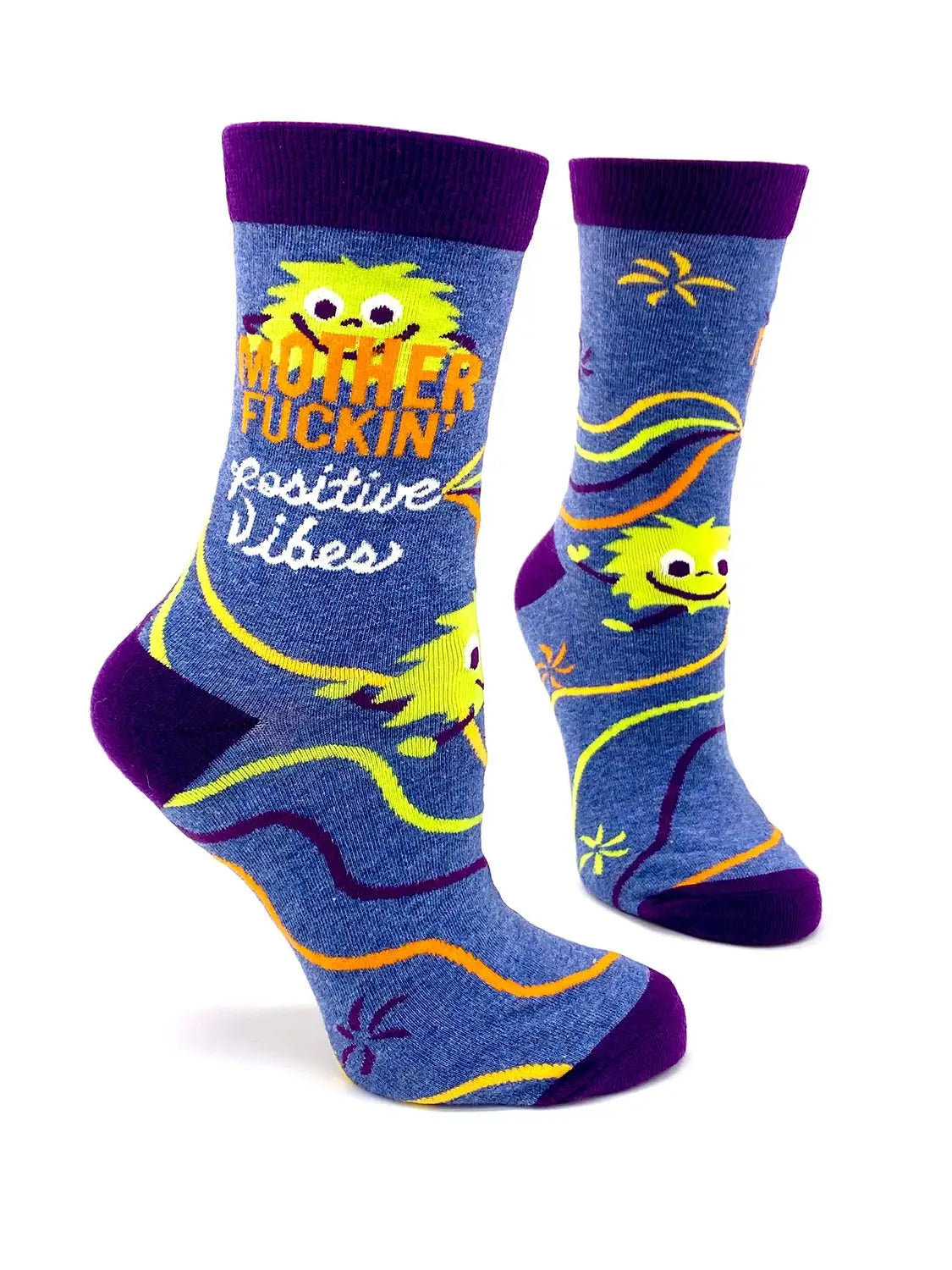Colorful women's crew socks with "Mother F***in' Positive Vibes" text and playful sun design, size 5-10