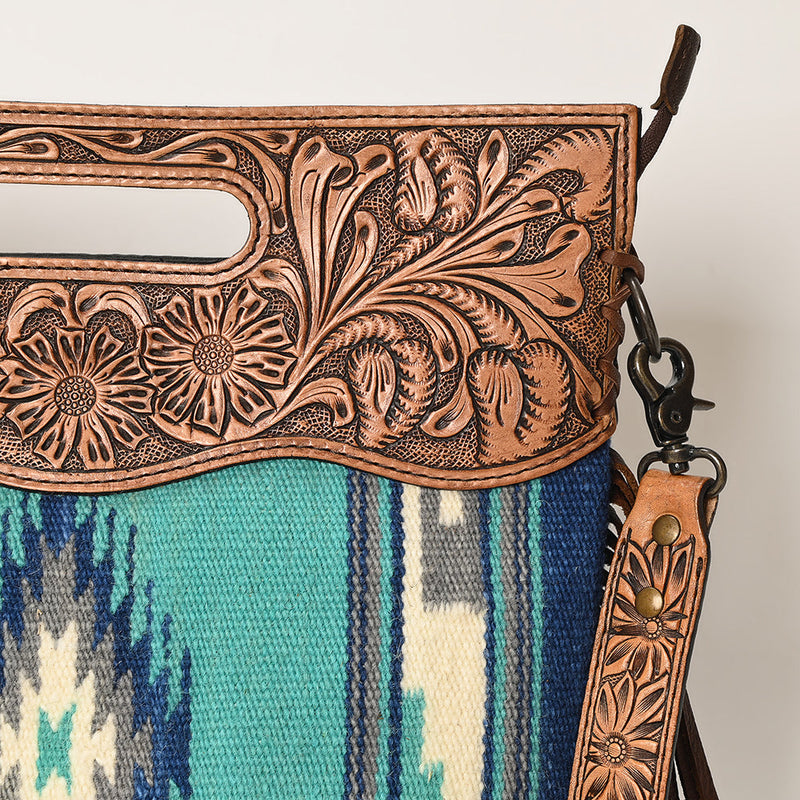 American Darling Clutch Handbag ADBGS146P with hand-tooled leather and woven wool saddle blanket design