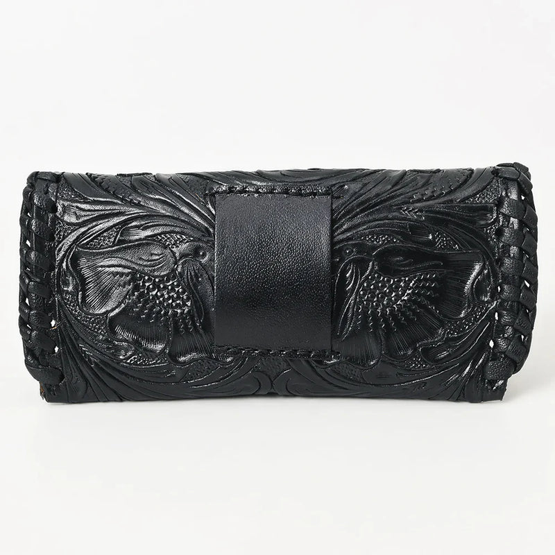 Hand-tooled American Darling sunglasses case in black leather with intricate designs.