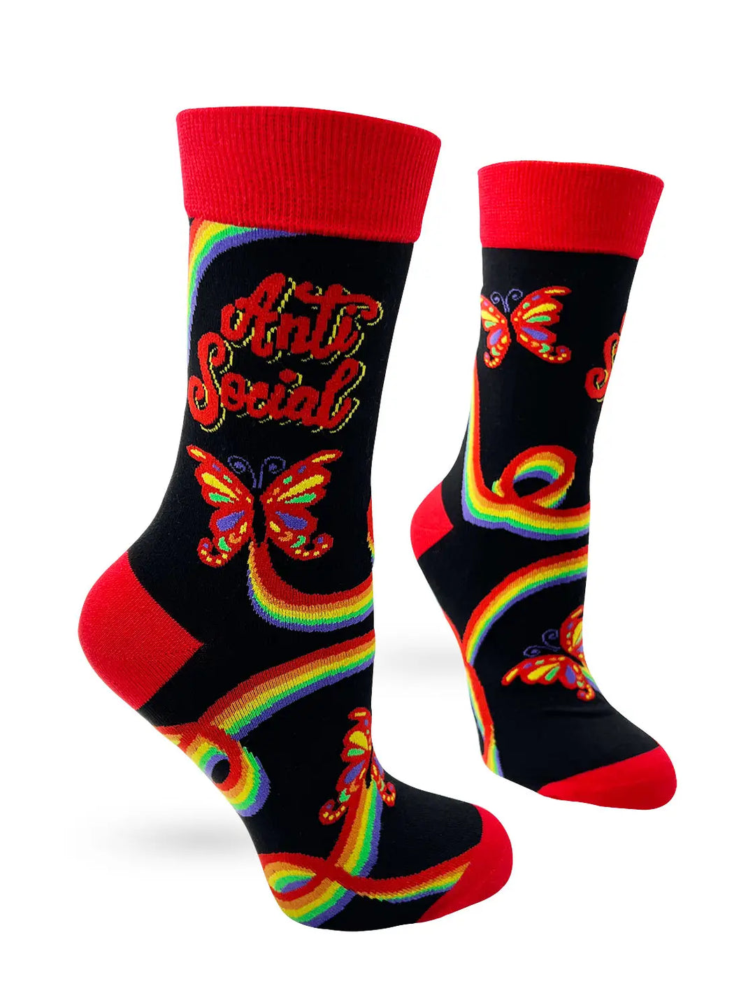 Black women's crew socks with red cuffs and toes, featuring a bold colorful "Anti Social Butterfly" design and rainbow butterfly patterns.