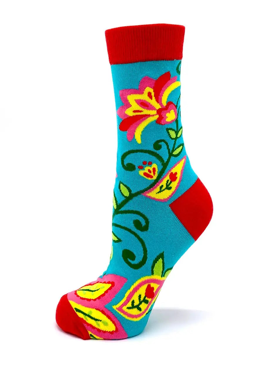 Colorful women's crew socks with floral design and red accents, inspired by "She Believed She Could" motivational theme
