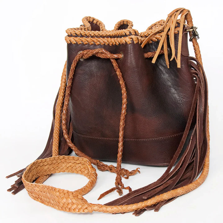 American Darling Bucket Bag ADBGD140 in genuine full grain leather with western-style fringes and adjustable strap.