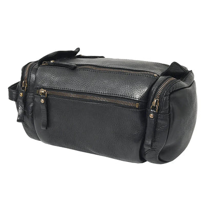 Black Spaghetti Western Toiletry Bag made of premium full grain leather with durable YKK zippers, measuring 11.81 by 5.31 inches