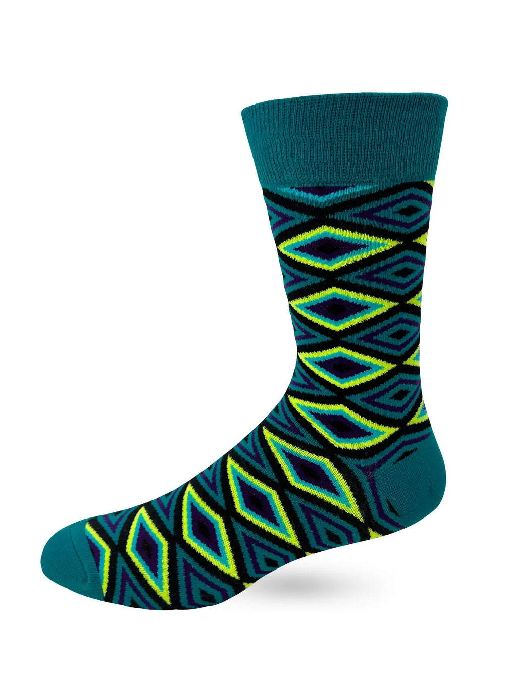 Men's novelty crew socks in bold green with geometric patterns, featuring an unapologetic phrase, comfortable fit, and machine washable design.