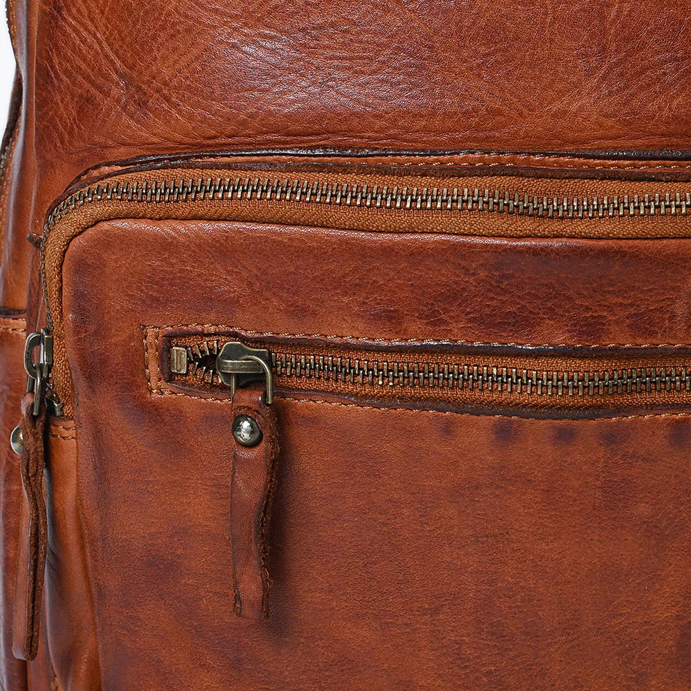Spaghetti Western Backpack SWC416CG in full grain leather with durable YKK zippers and antique finish metal fittings.