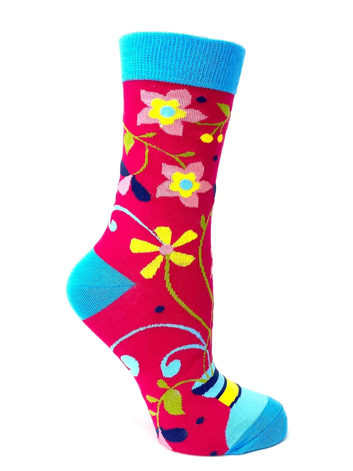 Bright floral women's crew socks with blue cuffs and toe, stylish and comfortable Classy Sassy design