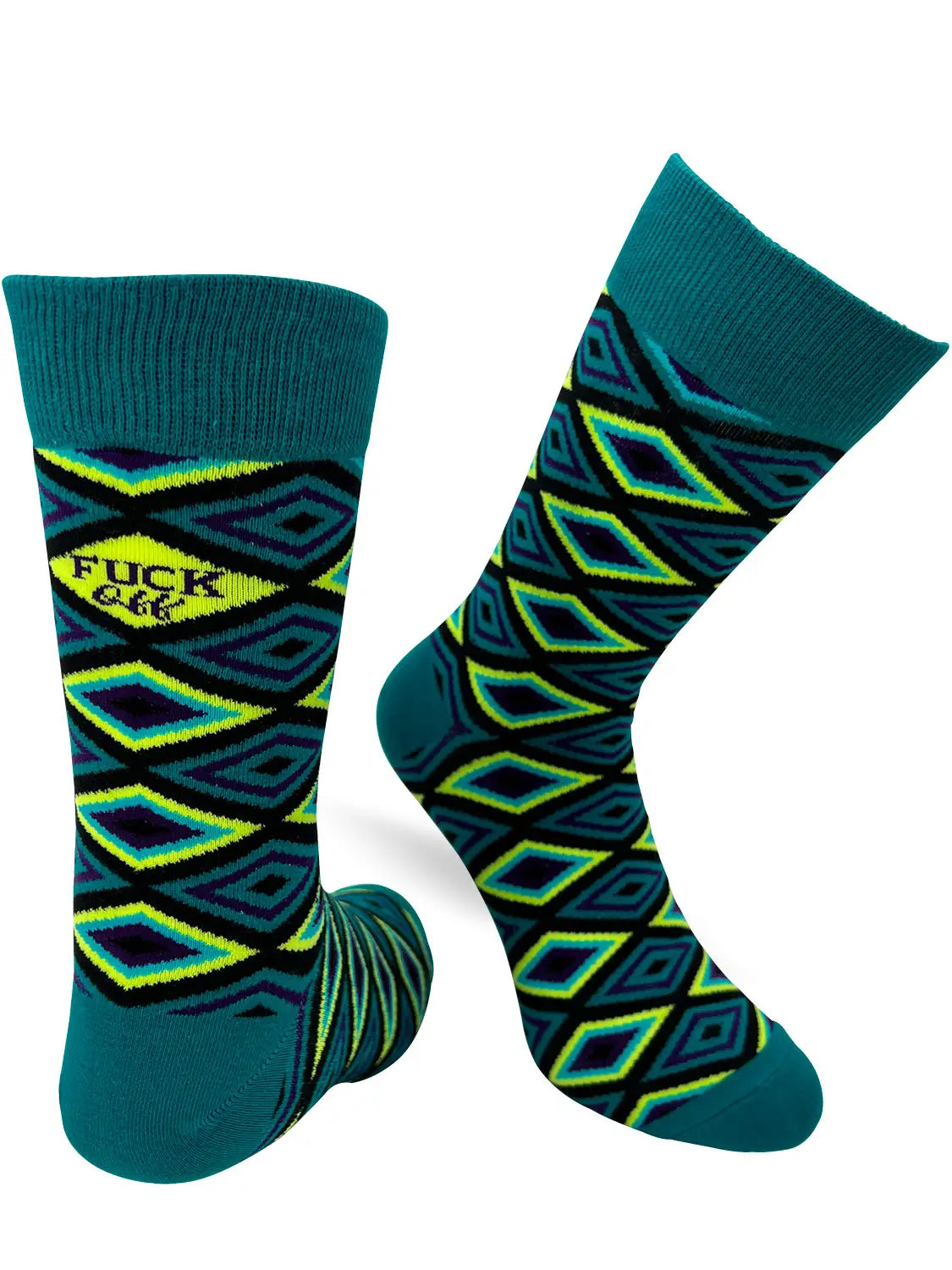 Bold green men’s novelty crew socks with “F*** Off” phrase and geometric pattern