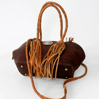 American Darling Tote Bag ADBGD150A in full grain leather with western fringe and turquoise stone.