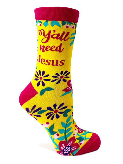 Women's yellow crew sock with "Y'all Need Jesus" text and floral design
