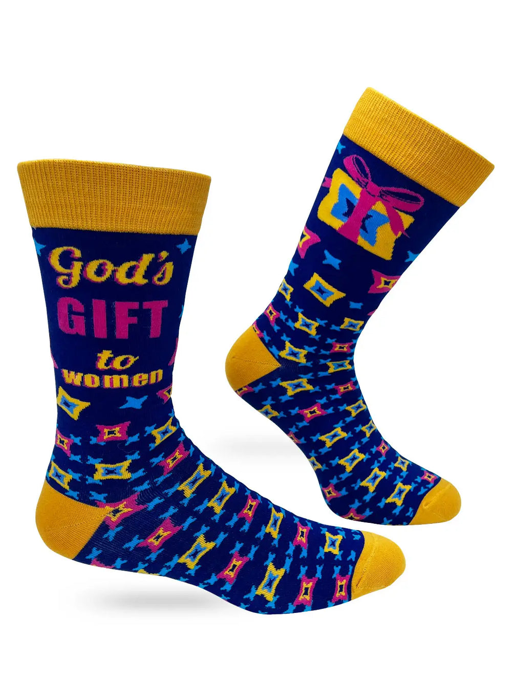Men's novelty crew socks with "God’s Gift To Women" text, colorful pattern, and yellow accents, comfortable for daily wear.