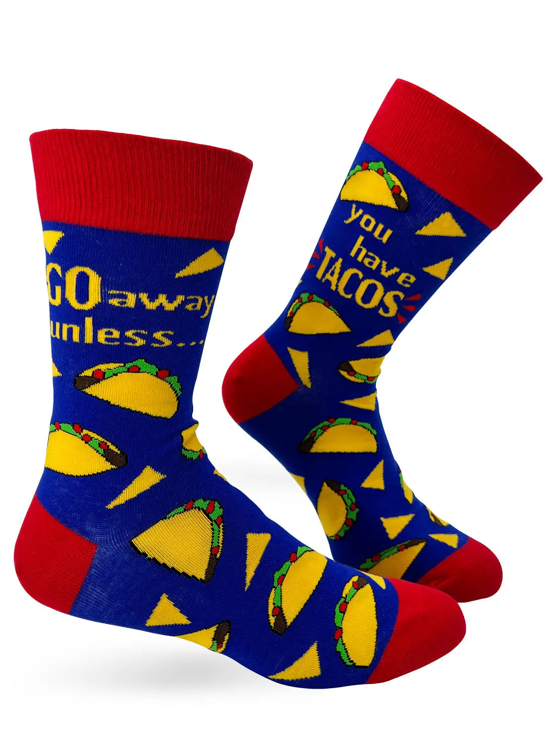 Men's novelty crew socks in blue with red accents featuring taco and chip pattern and "Go Away Unless You Have Tacos" text design