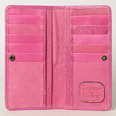 Pink American Darling Wallet made from full grain leather with multiple card slots and hand-tooled detailing