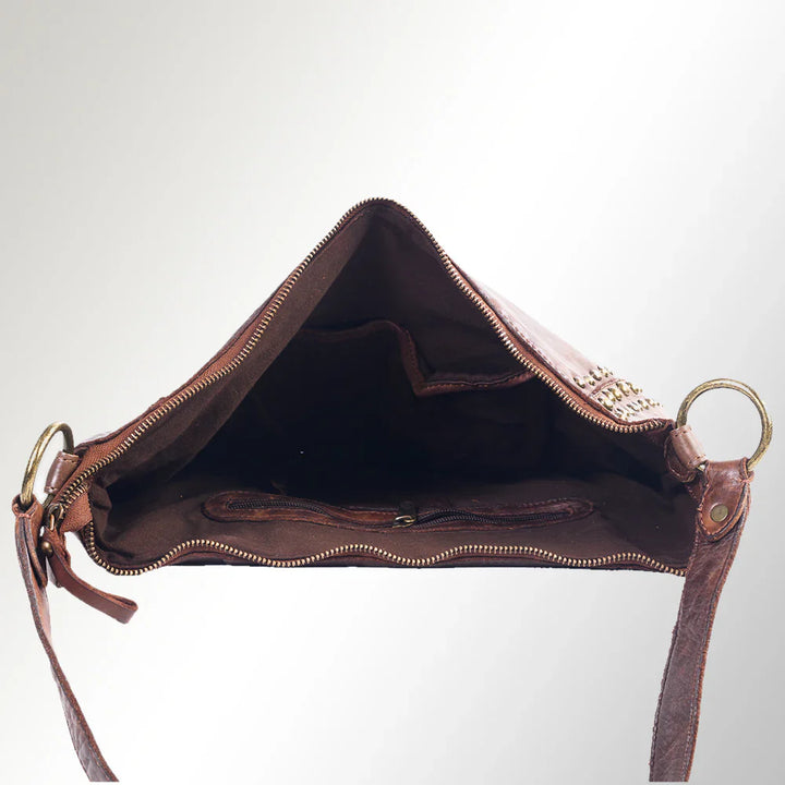 Spaghetti Western Crossbody Messenger Bag SWC142ABRN, open view showing interior craftsmanship and leather detail.