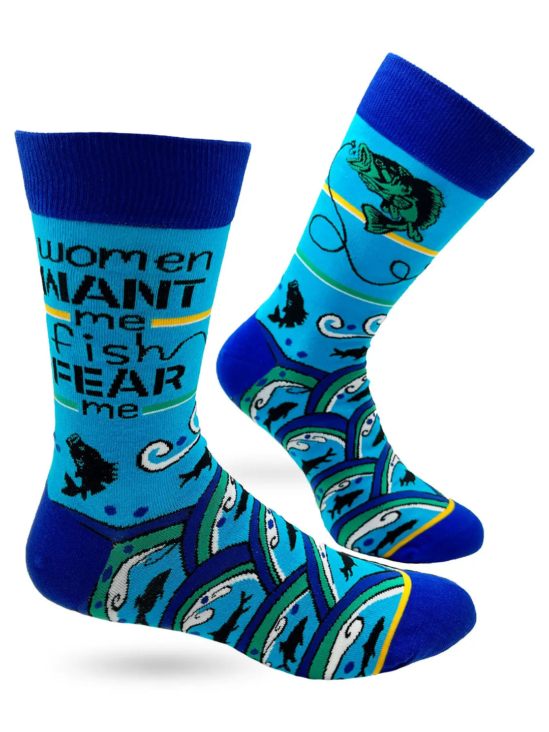 Men's novelty crew socks with "Women Want Me Fish Fear Me" bold design and fishing graphics in blue tones