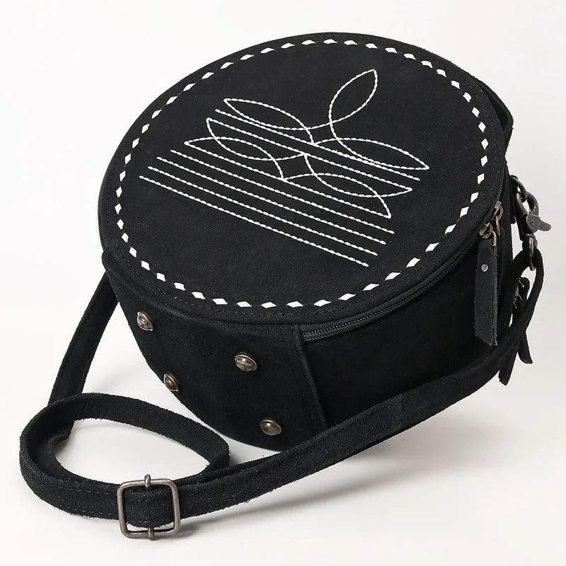 American Darling Canteen Bag ADBG1549D in black genuine leather with adjustable strap and antique metal fittings.
