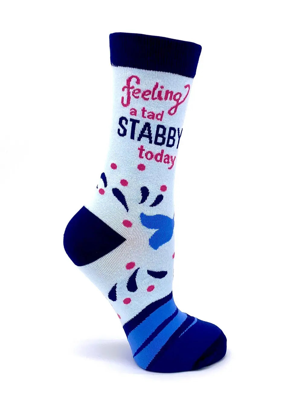 Narwhal women's crew sock with "feeling a tad stabby today" text and blue accents