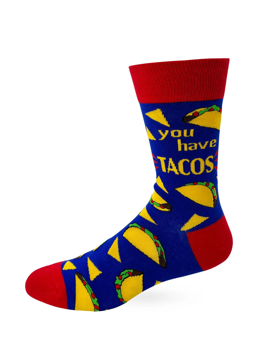 Men's novelty crew socks with red trims featuring tacos and "Go Away Unless You Have Tacos" text design