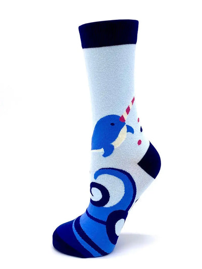 Blue and white narwhal women's crew socks with playful design and comfortable fit
