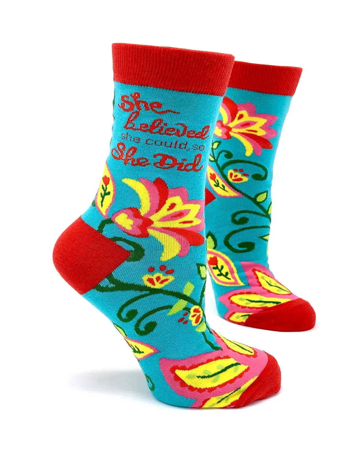 Colorful women's crew socks with floral design and "She Believed She Could, So She Did" inspirational text