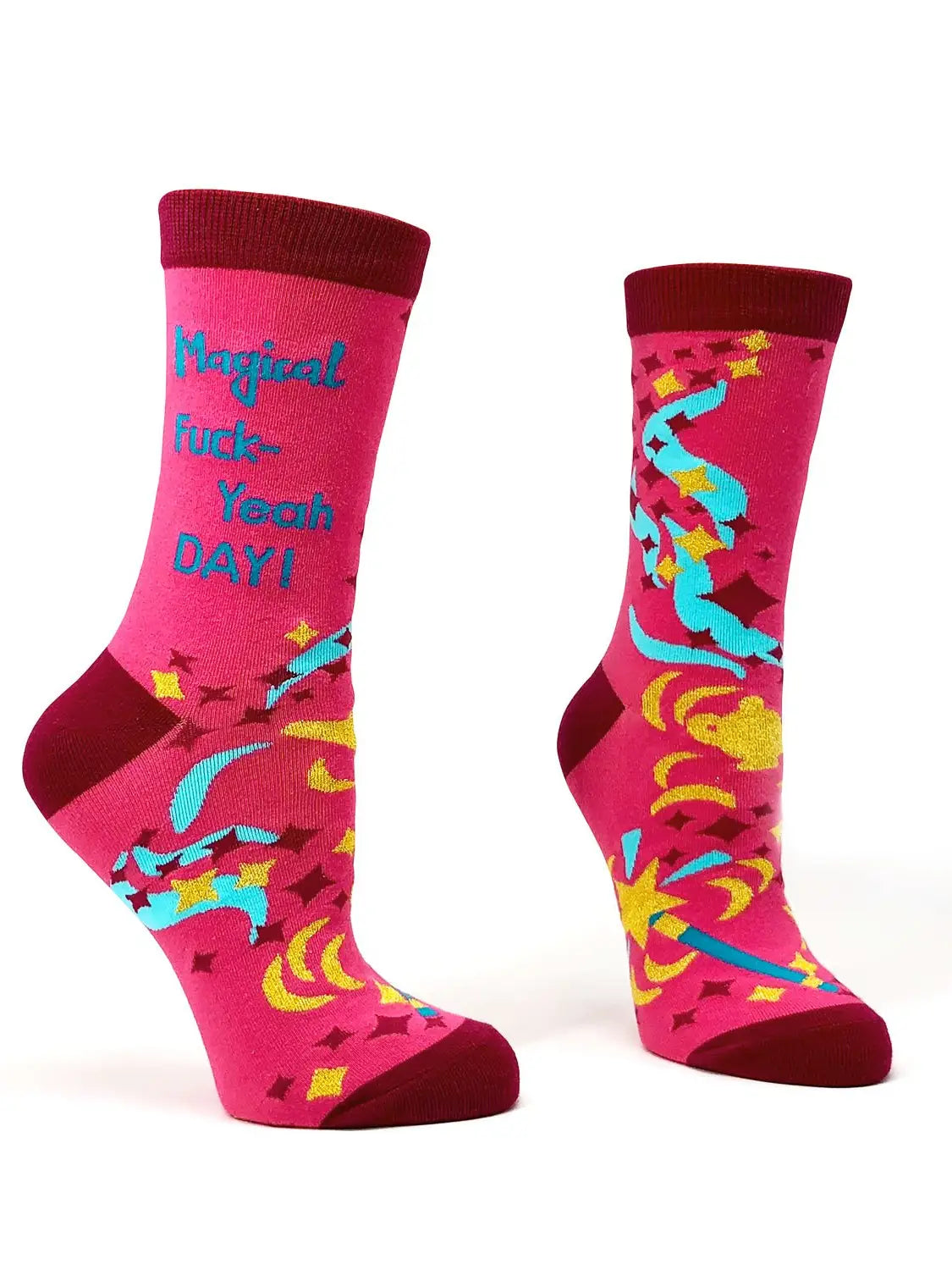 Bright pink women's crew socks with "Magical F***-Yeah Day!" text, colorful confetti and star patterns, comfortable and stylish design.