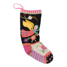 Celeste Christmas Stocking with felt angel appliqué and vibrant floral embroidery, handcrafted from 100% wool, colorful and spacious holiday decoration