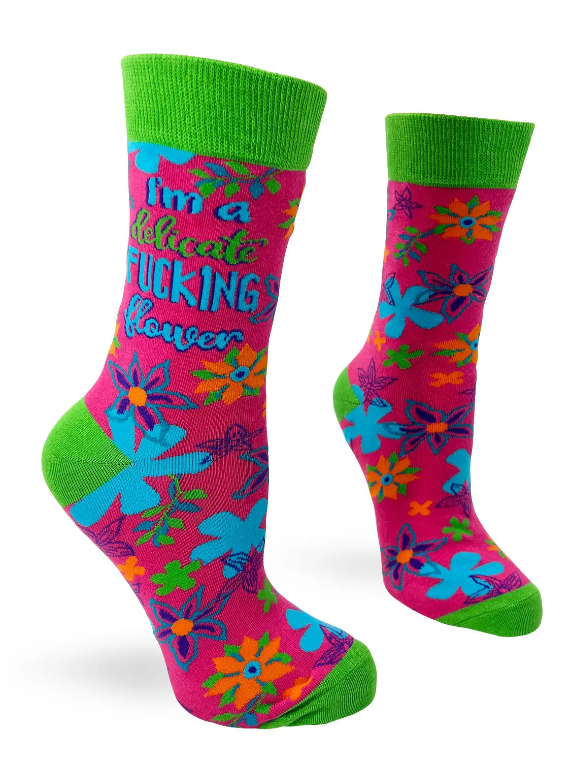 Colorful ladies crew sock with floral patterns and bold 