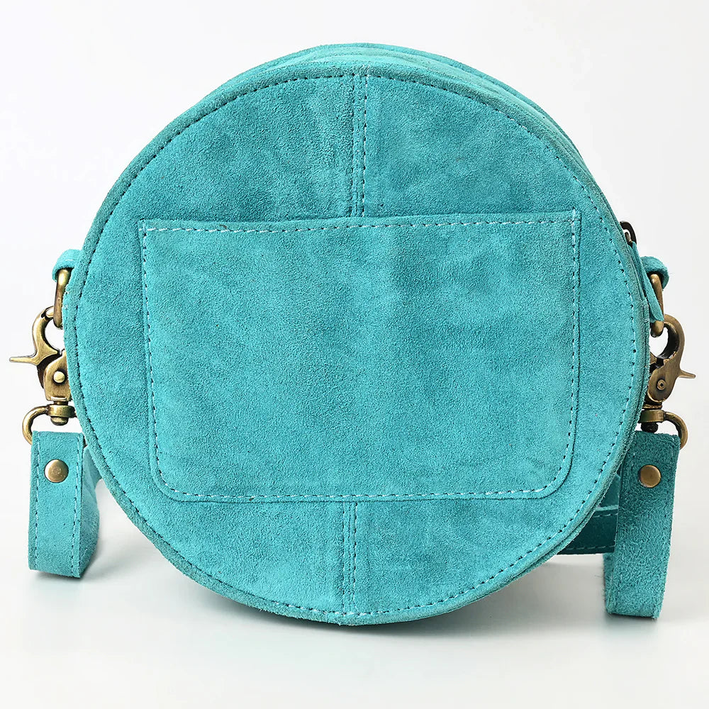 American Darling Canteen Bag in turquoise genuine suede leather with antique metal fittings and YKK zipper.