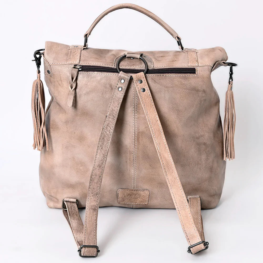 Vintage look hand-dyed leather Never Mind Backpack NMBG109C with tassel accents and adjustable straps