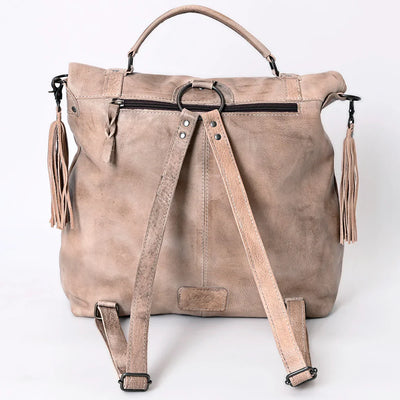 Vintage look hand-dyed leather Never Mind Backpack NMBG109C with tassel accents and adjustable straps