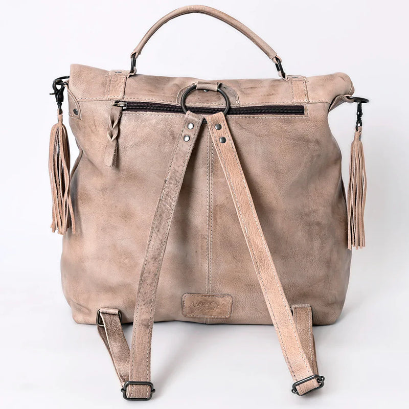 Vintage look hand-dyed leather Never Mind Backpack NMBG109C with tassel accents and adjustable straps
